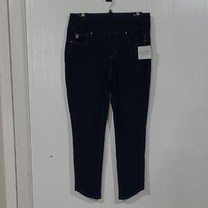 Belle By Kim Gravel Flexibelle Dark Wash Pull-on Jeans With Curved Hem Size 10